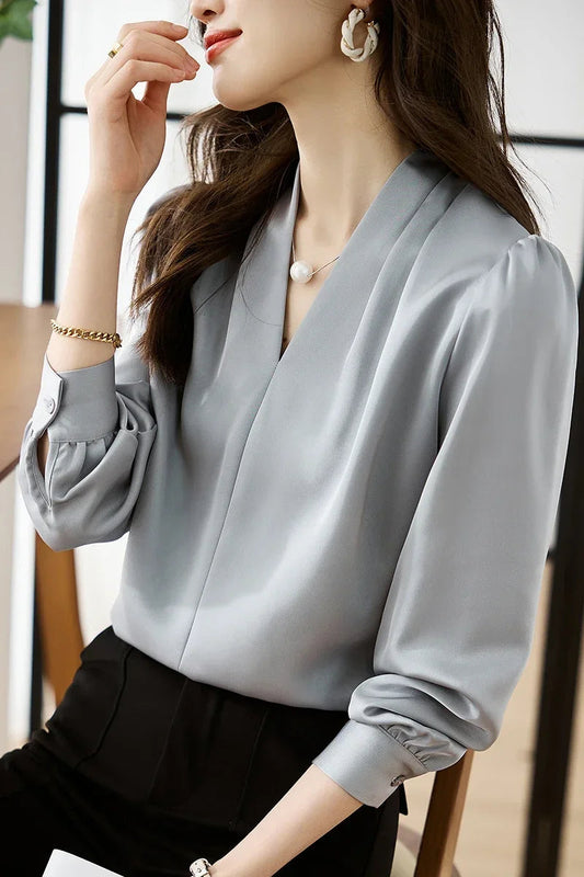 Satin Chiffon V-neck Soft Casual Bloshope for Office