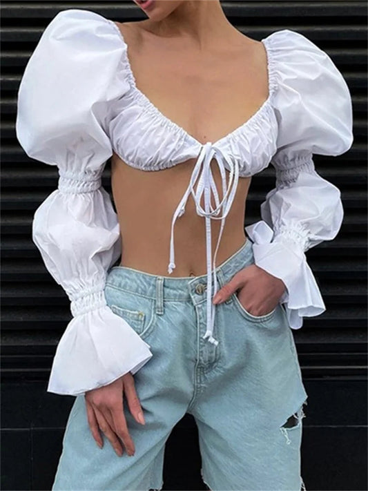 Autumn Puff Long Sleeve Square Neck Tie-up Bloshope