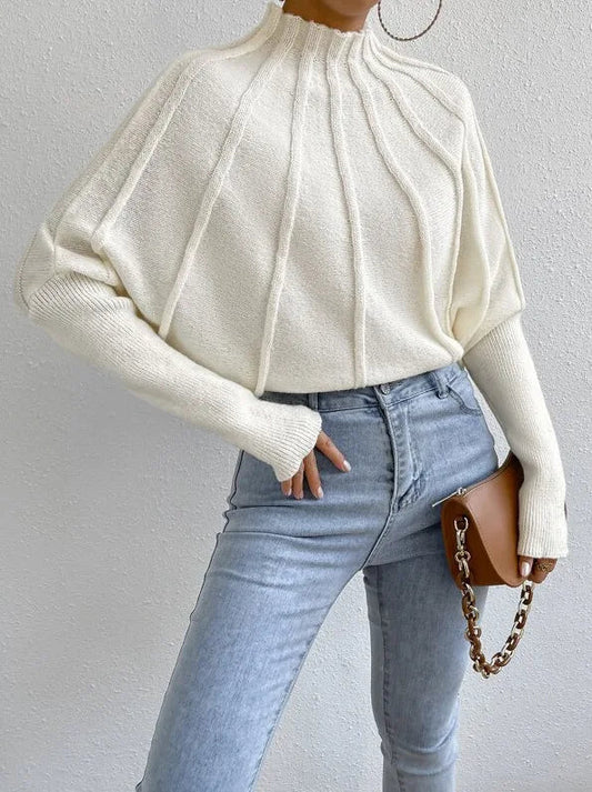 Solid Round Neck Batball Sleeve Loose Sweater