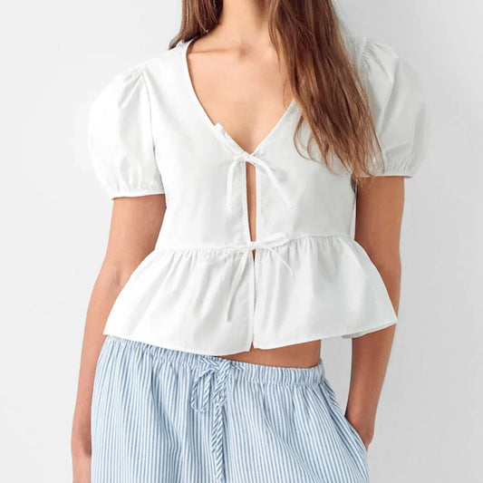 V-neck Open Front Tie-up Short Sleeve Bloshope