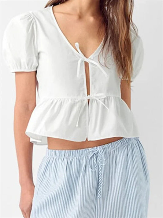 V-neck Open Front Tie-up Short Sleeve Bloshope