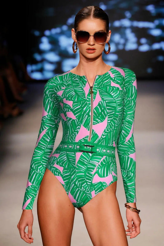 Long Sleeve Zip Blue One Piece Swimsuit