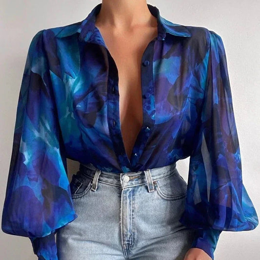 Printed Lantern Sleeve Vintage Floral Button Long Sleeve Bloshope