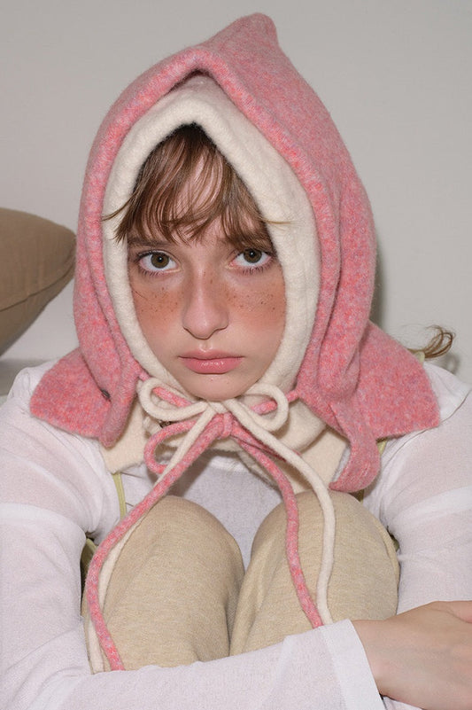 Solid Wool Drawstring Oversized Knitted Balaclava Hat