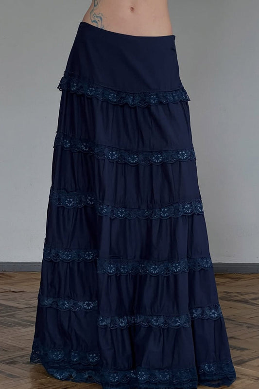 Vintage Lace Trimmed Tiered Midi Skirt