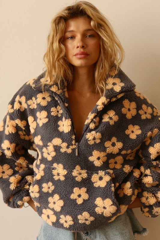 Faux Sherpa Printed Loose Zip Sweatshirt
