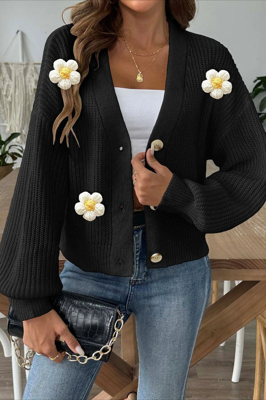 Short Floral Knit Long Sleeve Cardigan