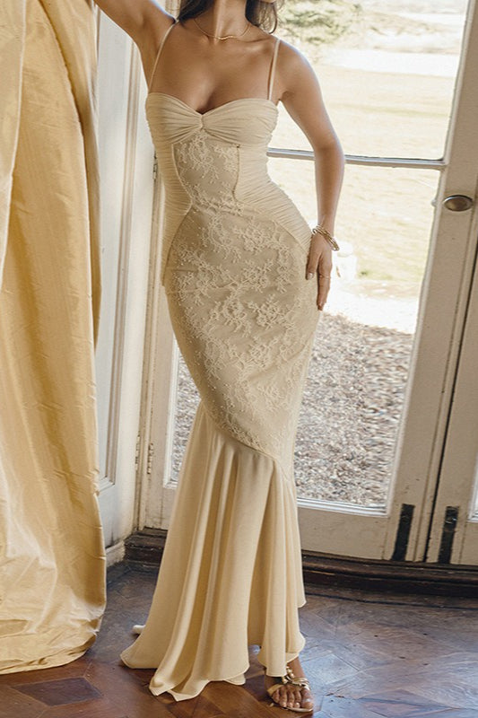 Lace Ruffle Slip Maxi Formal Dress