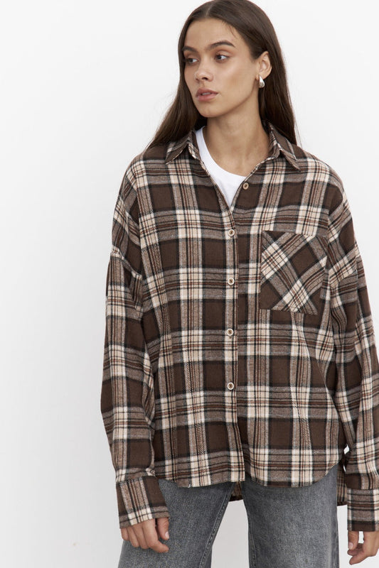 Collared Plaid Pocket Long Sleeve Shirt Bloshope