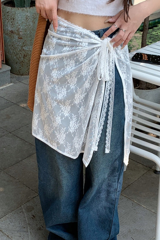 White Lace Apron Skirt with Tie Versatile Half Skirt