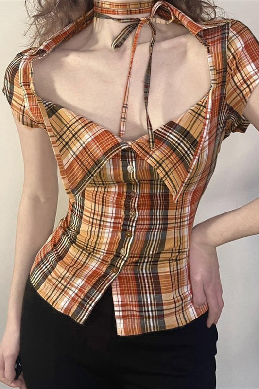 Plaid Fitted Waist Tie Neck Short Button Front Bloshope