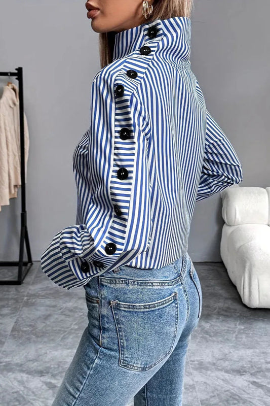 Stripe Spliced Button Pullover Bloshope