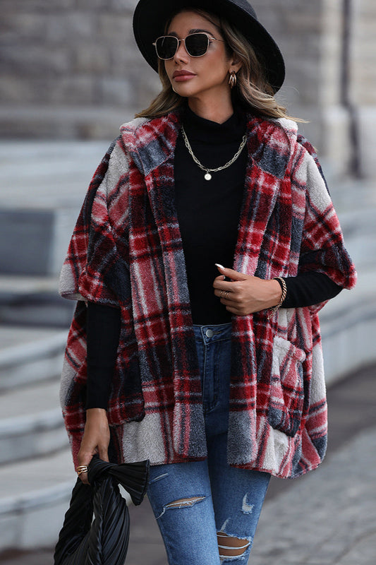 Fuzzy Plaid Hooded Short Sleeve Coat