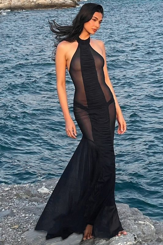 Halter Cutout Back Mesh Sheer Slim Maxi Dress