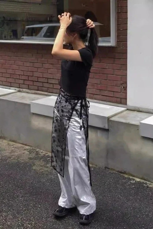 Aesthetic See Through Sequins Flower Lace Long Apron Skirt