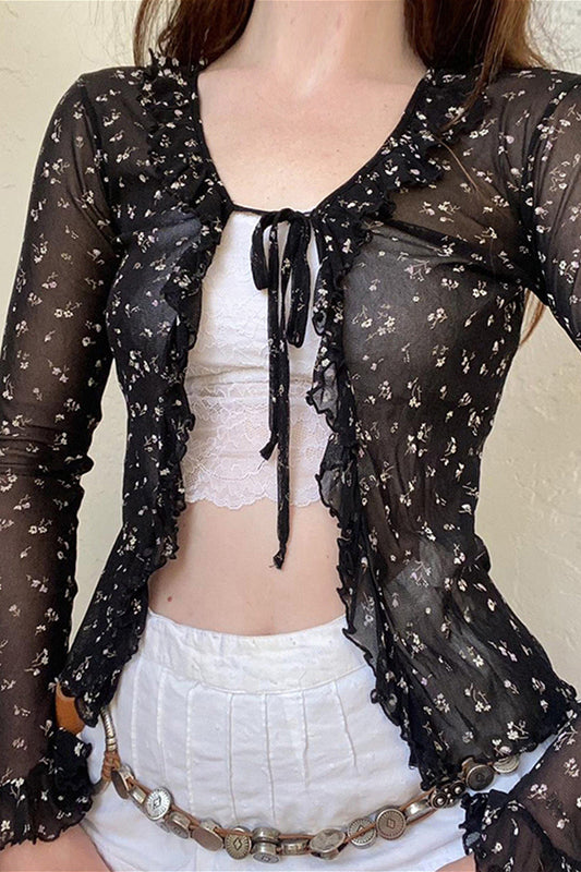 French Vintage Floral Bow Tie Tulle Cardigan Bloshope