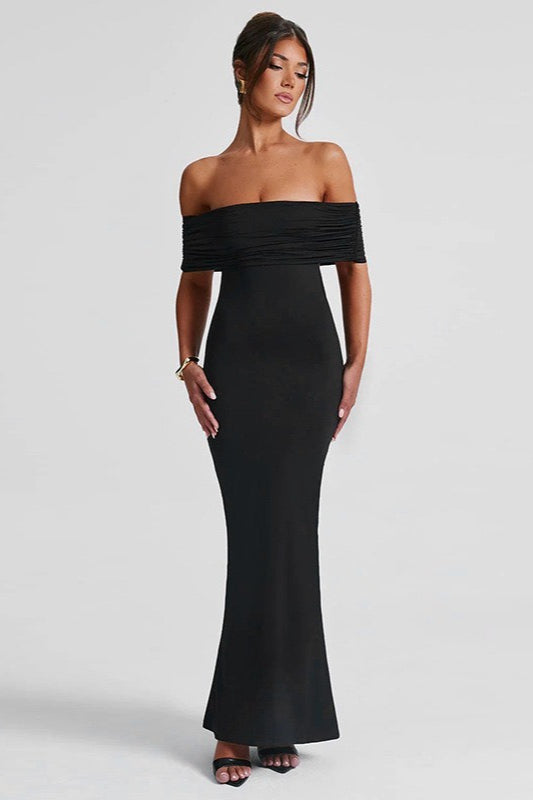 Solid Off Shoulder Ruched Formal Dress