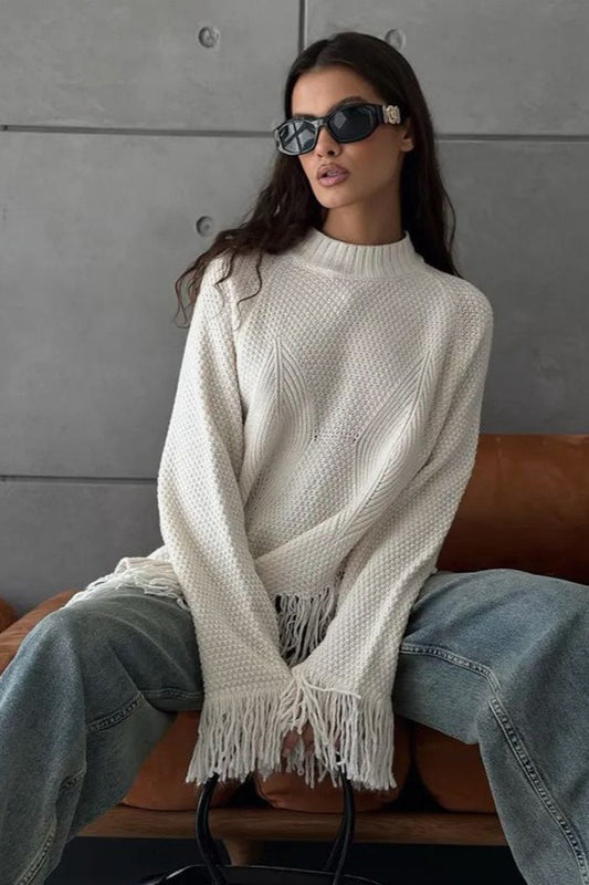 Fringe Round Neck Knit Asymmetric Bloshope