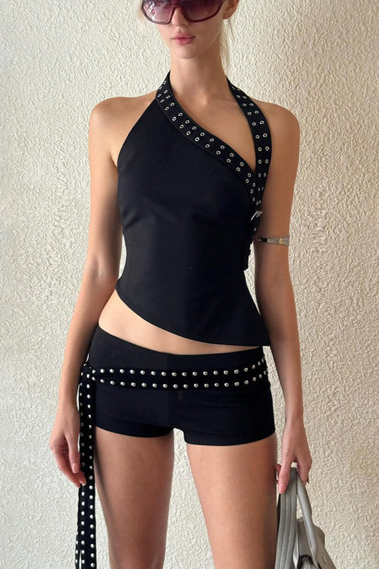 Chic Asymmetric Shoulder Slim Shorts Two Piece Set