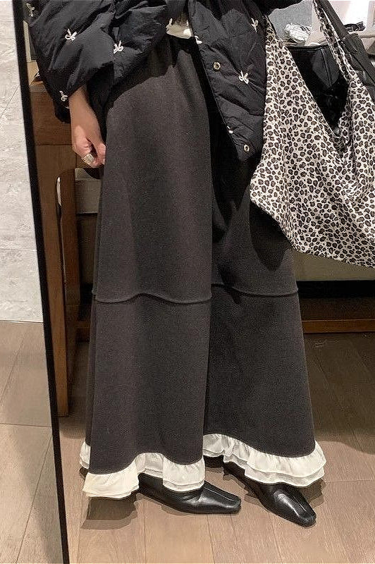 Wool Blend Ruffle High-Waisted Relaxed Skirt