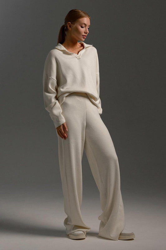 Polo Collar Knit Pullover Wide-Leg Pants Two Piece Set