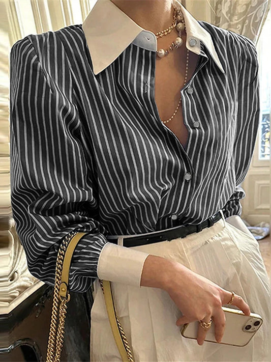 Stripe Patchwork Casual Long Sleeve Tunic Bloshope