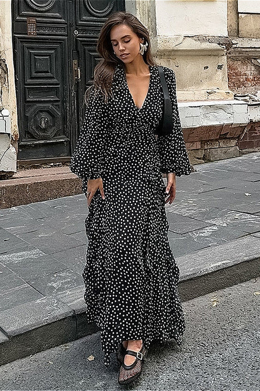 Vintage V-Neck Polka Dot Puff Sleeve A-Line Maxi Dress