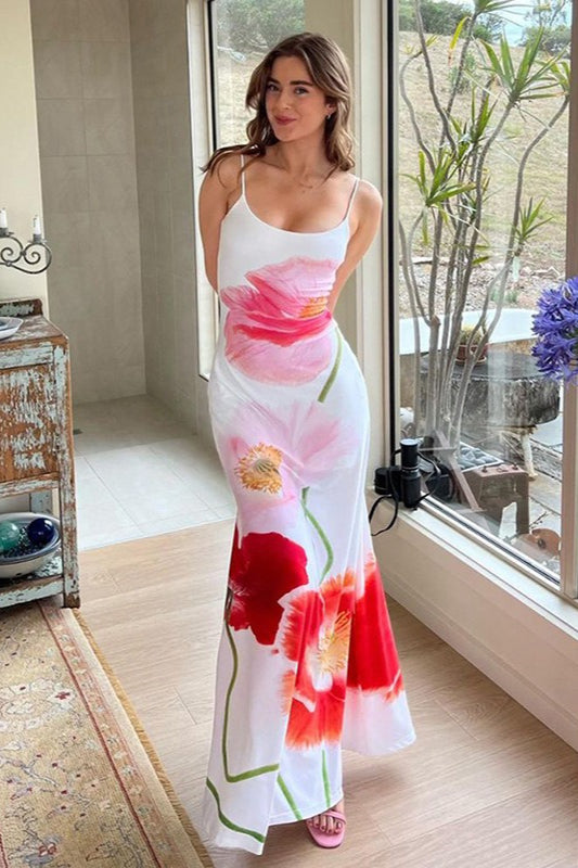 Beach Floral Print Backless Maxi Dress