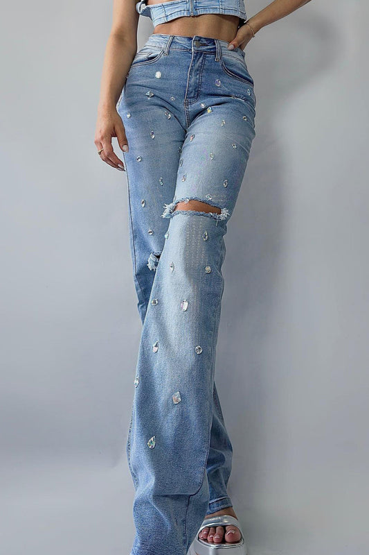 High Waist Rhinestone Ripped Jean