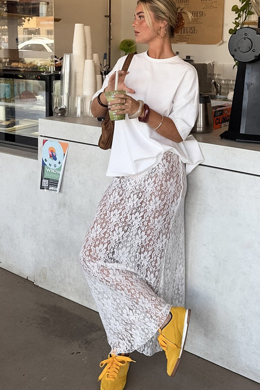 Elegant White Lace High Waist A-line Midi Skirt