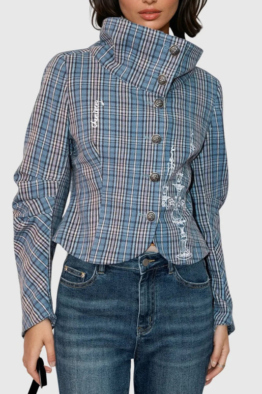Vintage Stand Collar Plaid Button Bloshope