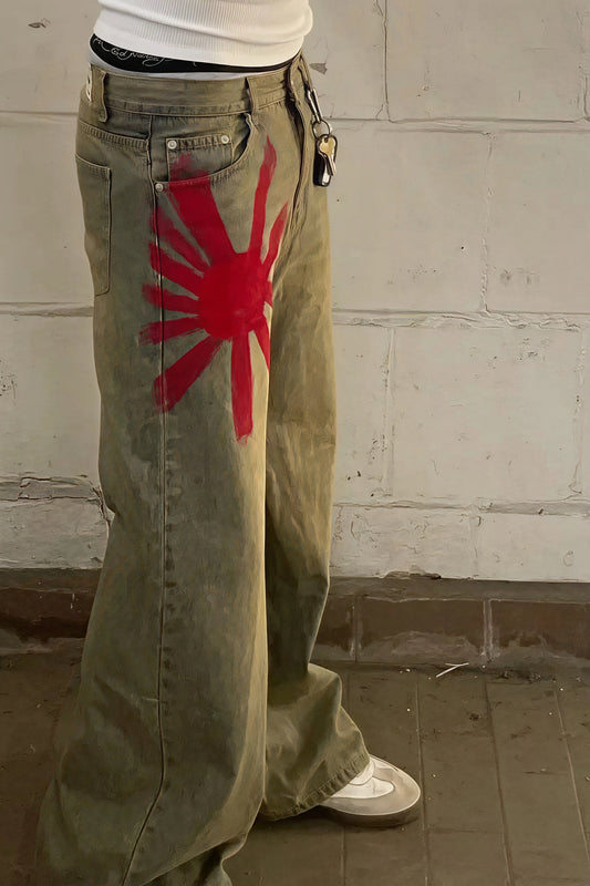Vintage Washed Printed Wide Leg Floor Jeans