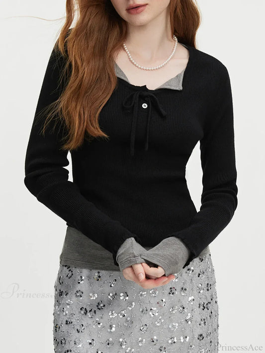 3.9% Wool U - Neck Lace - Up Slim Sweater Black / XS