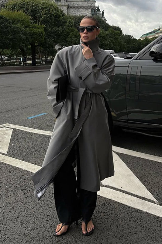 Lazy-Chic European Solid Color Stand Collar Belted Long Overcoat