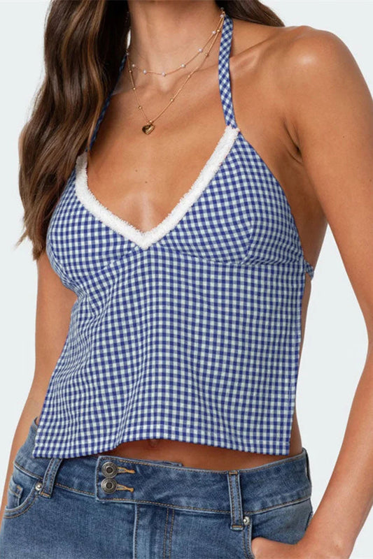 Plaid Halter Backless Deep V-neck Crop Top