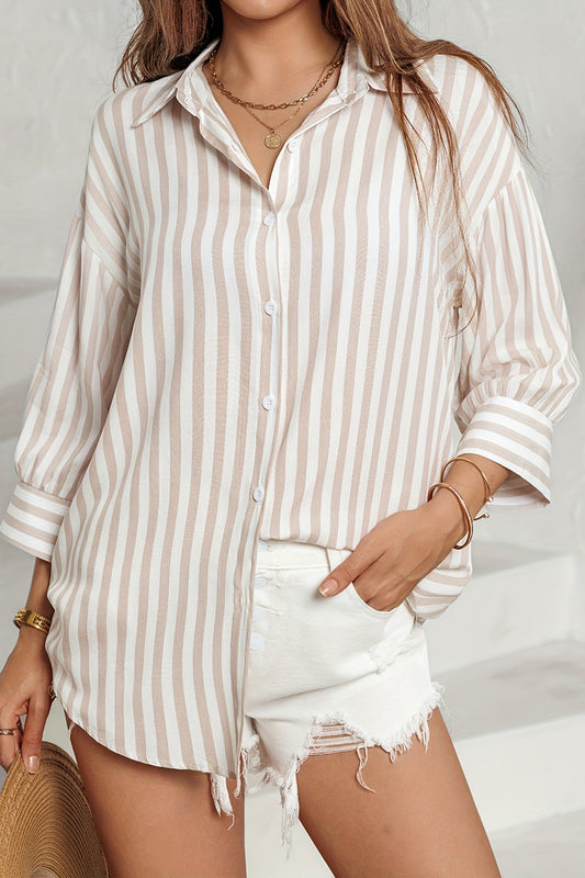 Striped Long Sleeve Pocket Button-Down Blouse
