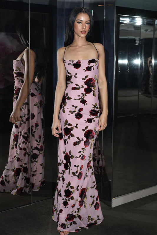 Rose Print Backless Cami Bodycon Maxi Dress