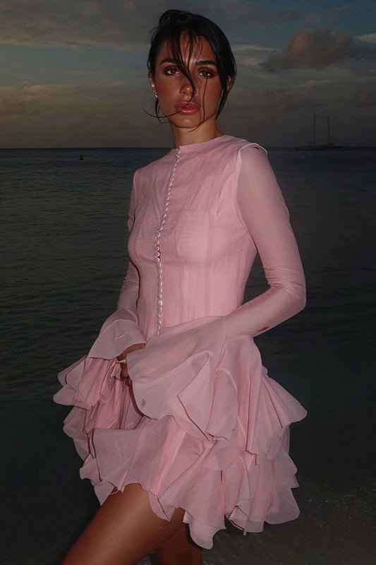 Elegant Buttoned Ruffled Long Puff Sleeve Mini Dress