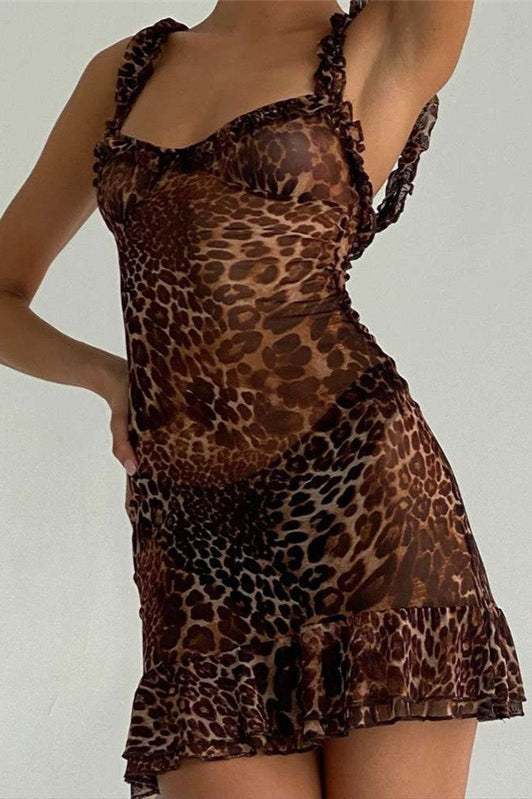 Leopard Mesh V Neck Backless Cami Mini Dress