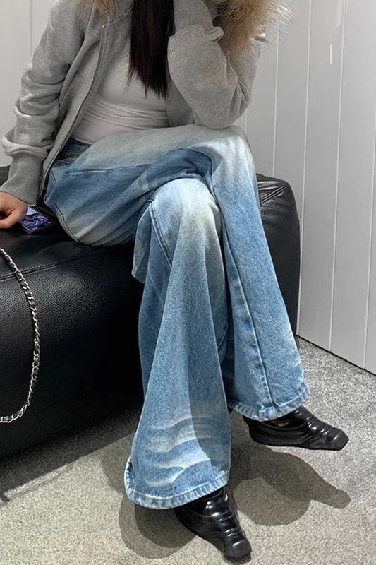 Creased Washed Floor-Length Straight Leg Jeans