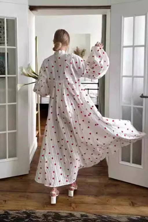 Heart Print Textured Cotton Long Lantern Sleeve Maxi Dress