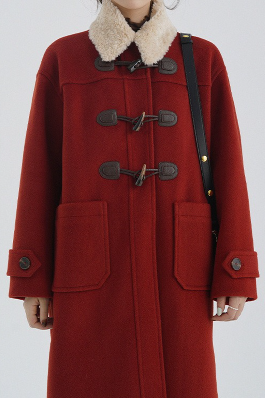 Vintage Horn Button Shearling Collar Red Overcoat
