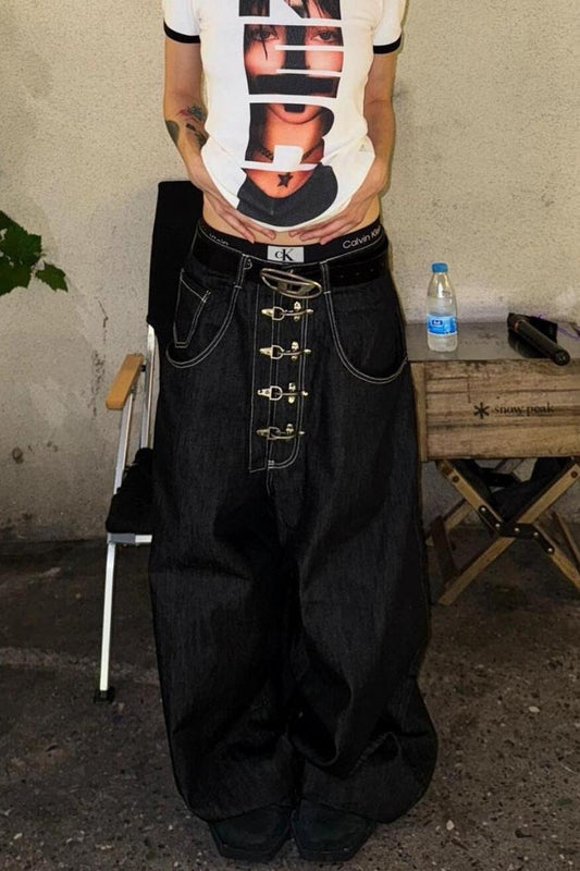 Washed Button Fly Wide Leg Jeans