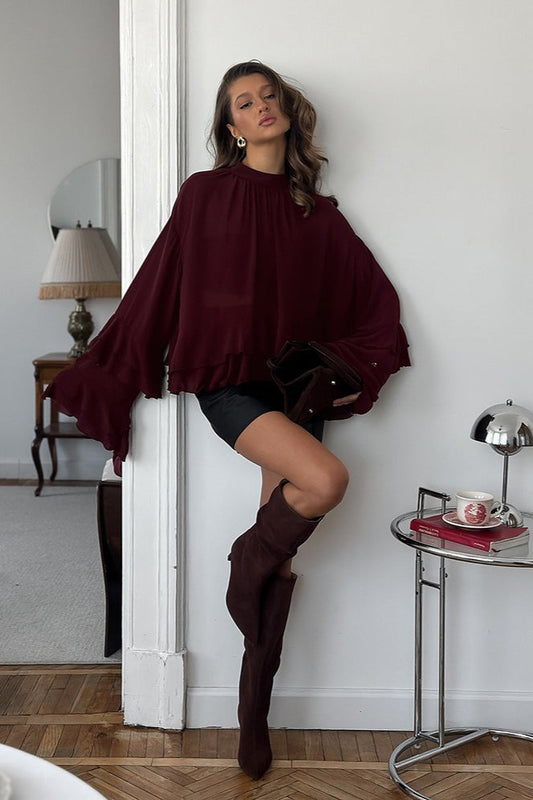 Burgundy Ruffle Bell Sleeve Blouse