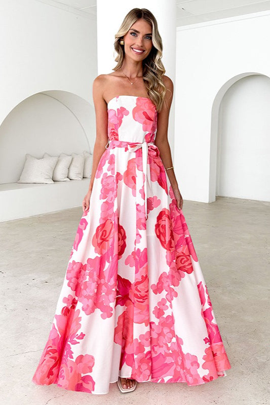 Colorful Print Strapless Tie Maxi Dress