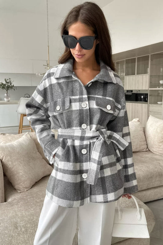 Woolen Plaid Belted Chic Thick Coat