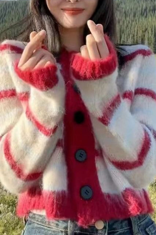 Striped Cropped Round Neck Cardigan