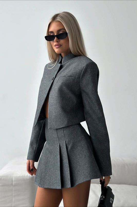 Vintage Stand Collar Pleated Mini Dress