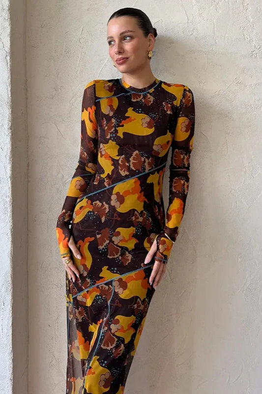 Floral Sheer Long Sleeve Split Maxi Dress
