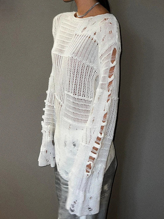 Hollow Out Loose O-Neck Long Sleeve Knitted Pullover Sweater